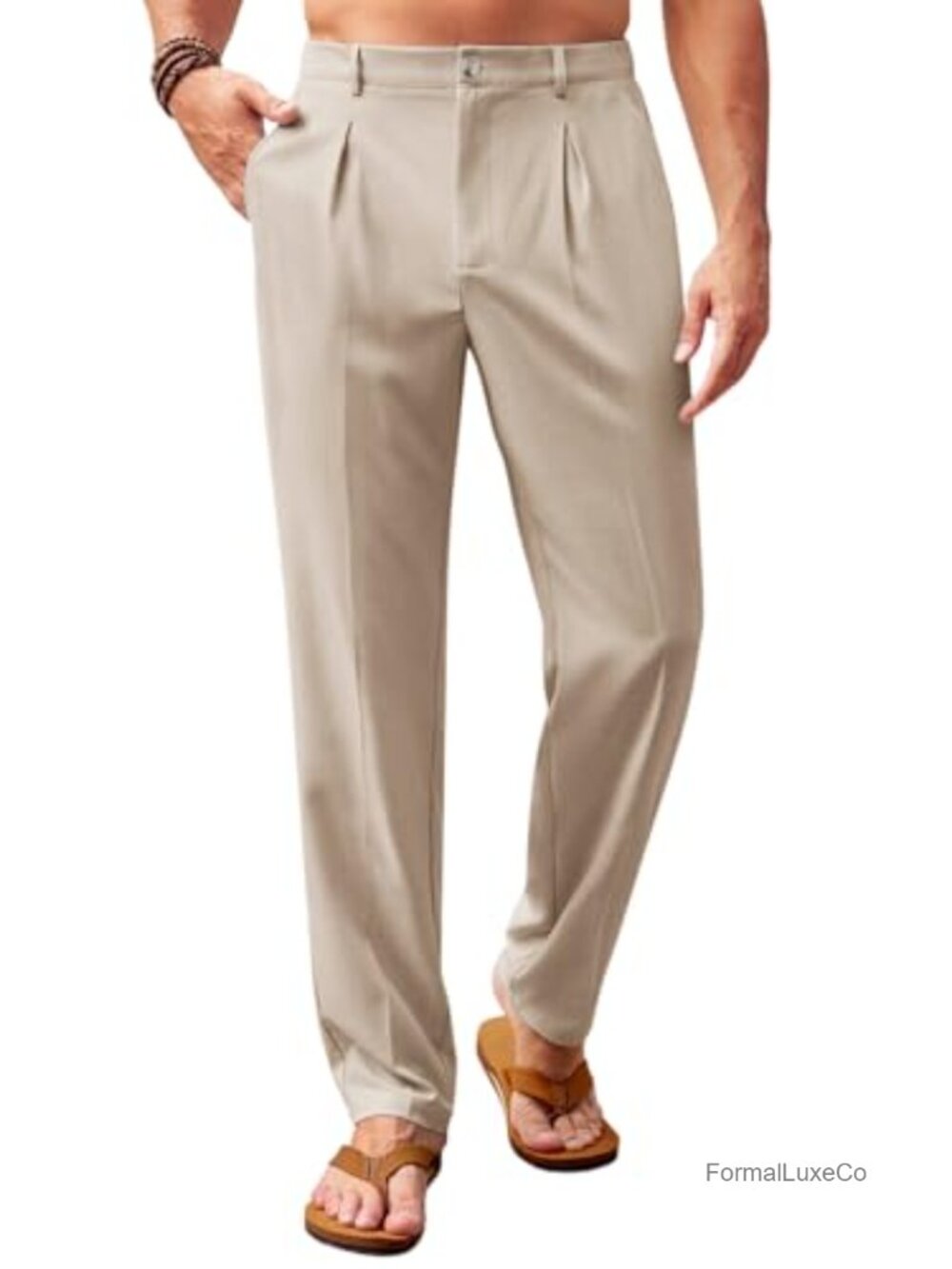 Men's Casual Pants Elastic Waist Faux Linen Pleated Lightweight Loose Fit Slacks